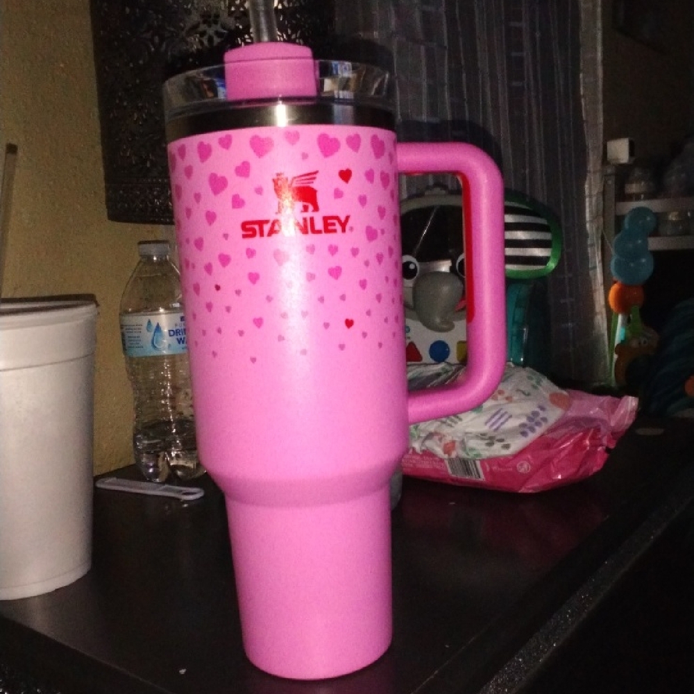 Stanley Pink Tumbler with Heart Pattern and Straw